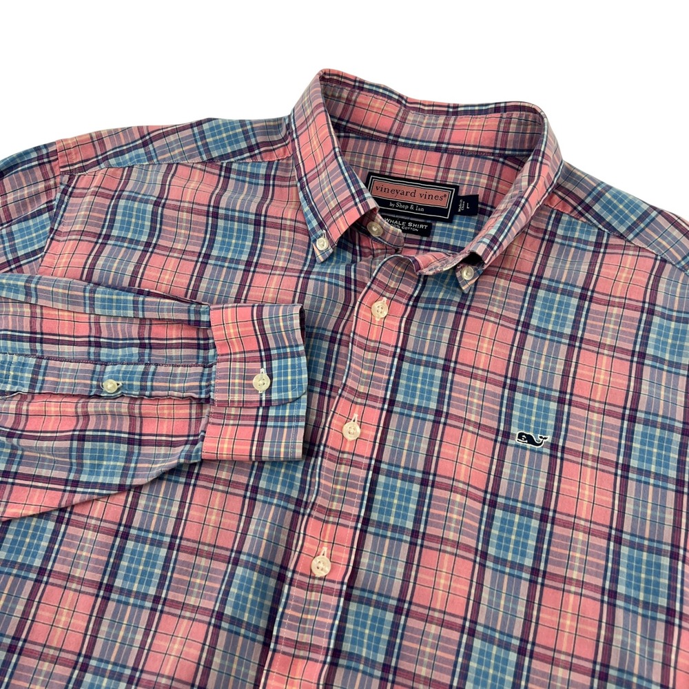 Vineyard Vines Mens Large Whale Shirt Pink Blue Plaid Button Down Cotton L